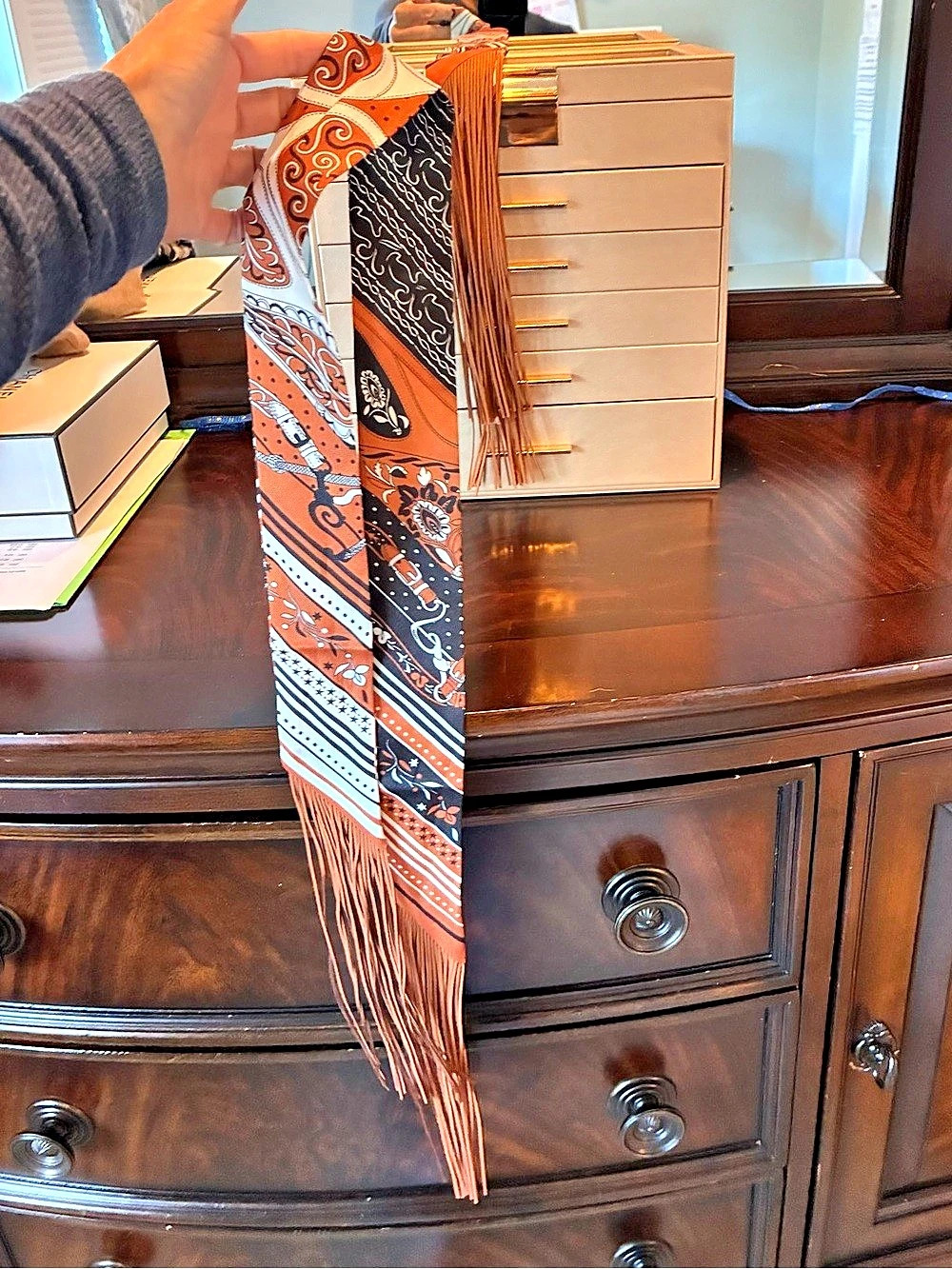 Inspired Set of Leather Fringes Twilly Orange & Black Scarf